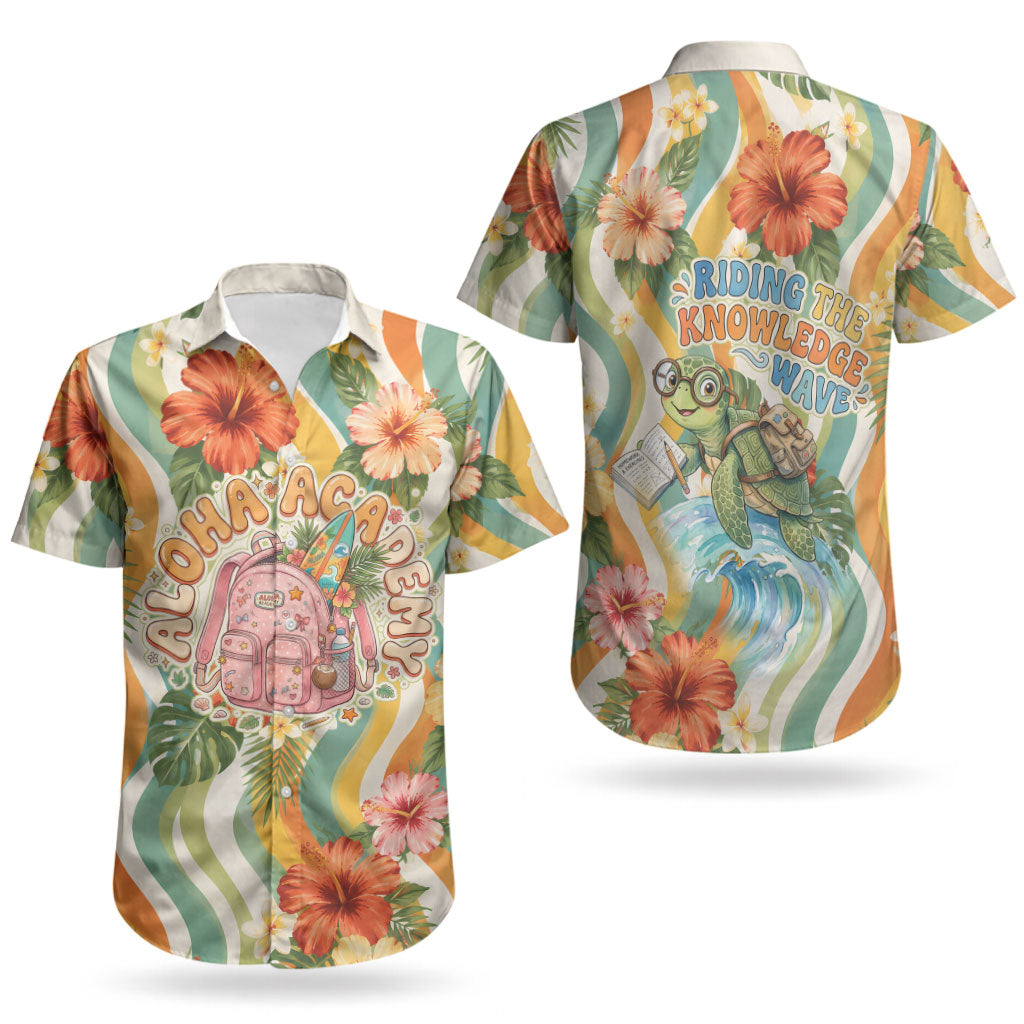 Hawaii Aloha Academy Back To School Couples Matching Off Shoulder Short Dress and Hawaiian Shirt Sea Turtle Tropical Hibiscus Flowers Retro Psychedelic