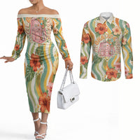 Hawaii Aloha Academy Back To School Couples Matching Off The Shoulder Long Sleeve Dress and Long Sleeve Button Shirt Sea Turtle Tropical Hibiscus Flowers Retro Psychedelic