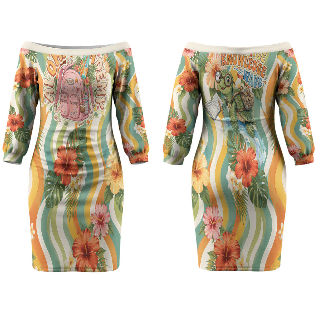 Hawaii Aloha Academy Back To School Couples Matching Off The Shoulder Long Sleeve Dress and Long Sleeve Button Shirt Sea Turtle Tropical Hibiscus Flowers Retro Psychedelic