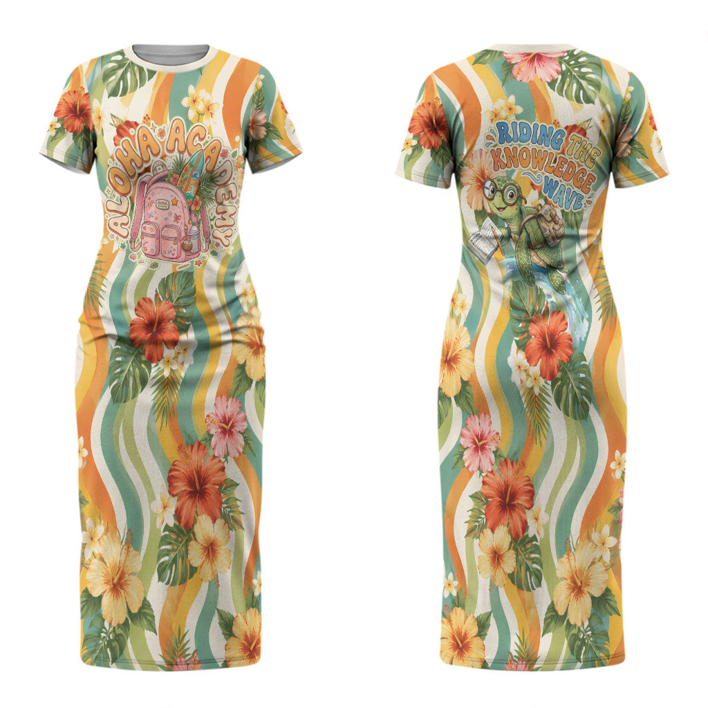 Hawaii Aloha Academy Back To School Couples Matching Short Sleeve Bodycon Dress and Long Sleeve Button Shirt Sea Turtle Tropical Hibiscus Flowers Retro Psychedelic