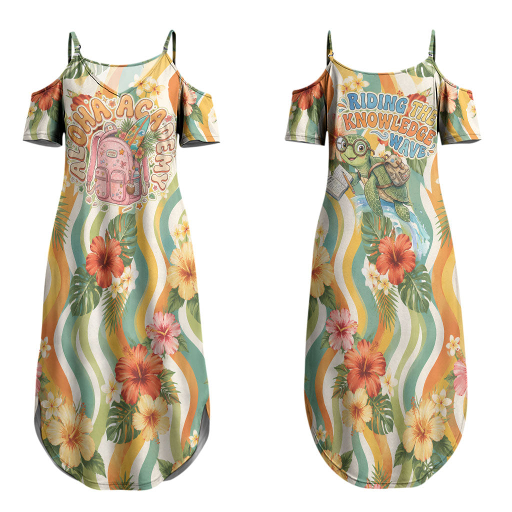 Hawaii Aloha Academy Back To School Couples Matching Summer Maxi Dress and Hawaiian Shirt Sea Turtle Tropical Hibiscus Flowers Retro Psychedelic
