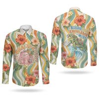 Hawaii Aloha Academy Back To School Couples Matching Summer Maxi Dress and Long Sleeve Button Shirt Sea Turtle Tropical Hibiscus Flowers Retro Psychedelic