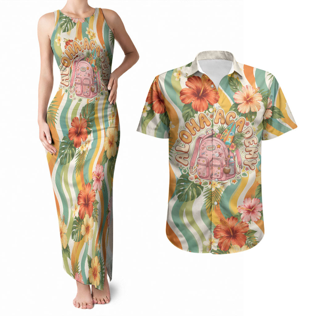 Hawaii Aloha Academy Back To School Couples Matching Tank Maxi Dress and Hawaiian Shirt Sea Turtle Tropical Hibiscus Flowers Retro Psychedelic