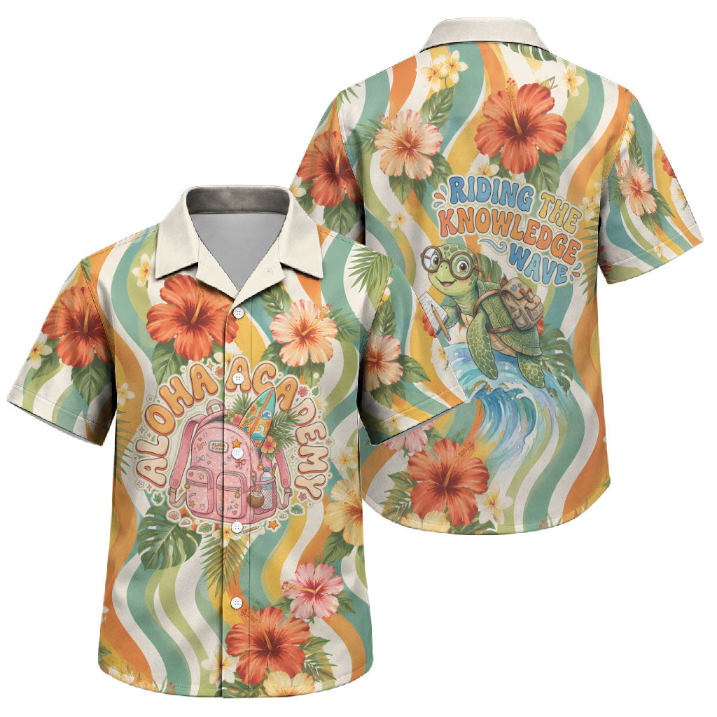 Hawaii Aloha Academy Back To School Family Matching Long Sleeve Bodycon Dress and Hawaiian Shirt Sea Turtle Tropical Hibiscus Flowers Retro Psychedelic