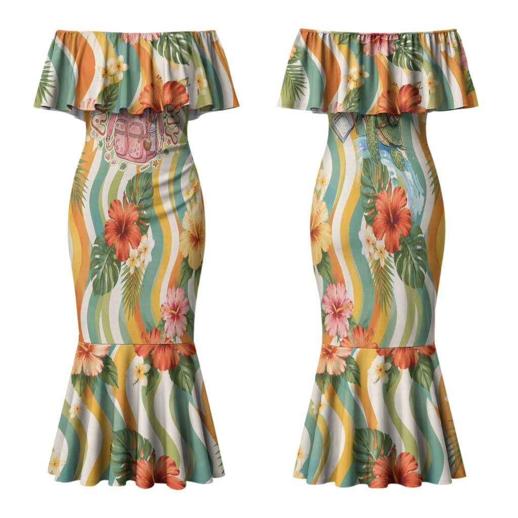Hawaii Aloha Academy Back To School Family Matching Mermaid Dress and Hawaiian Shirt Sea Turtle Tropical Hibiscus Flowers Retro Psychedelic