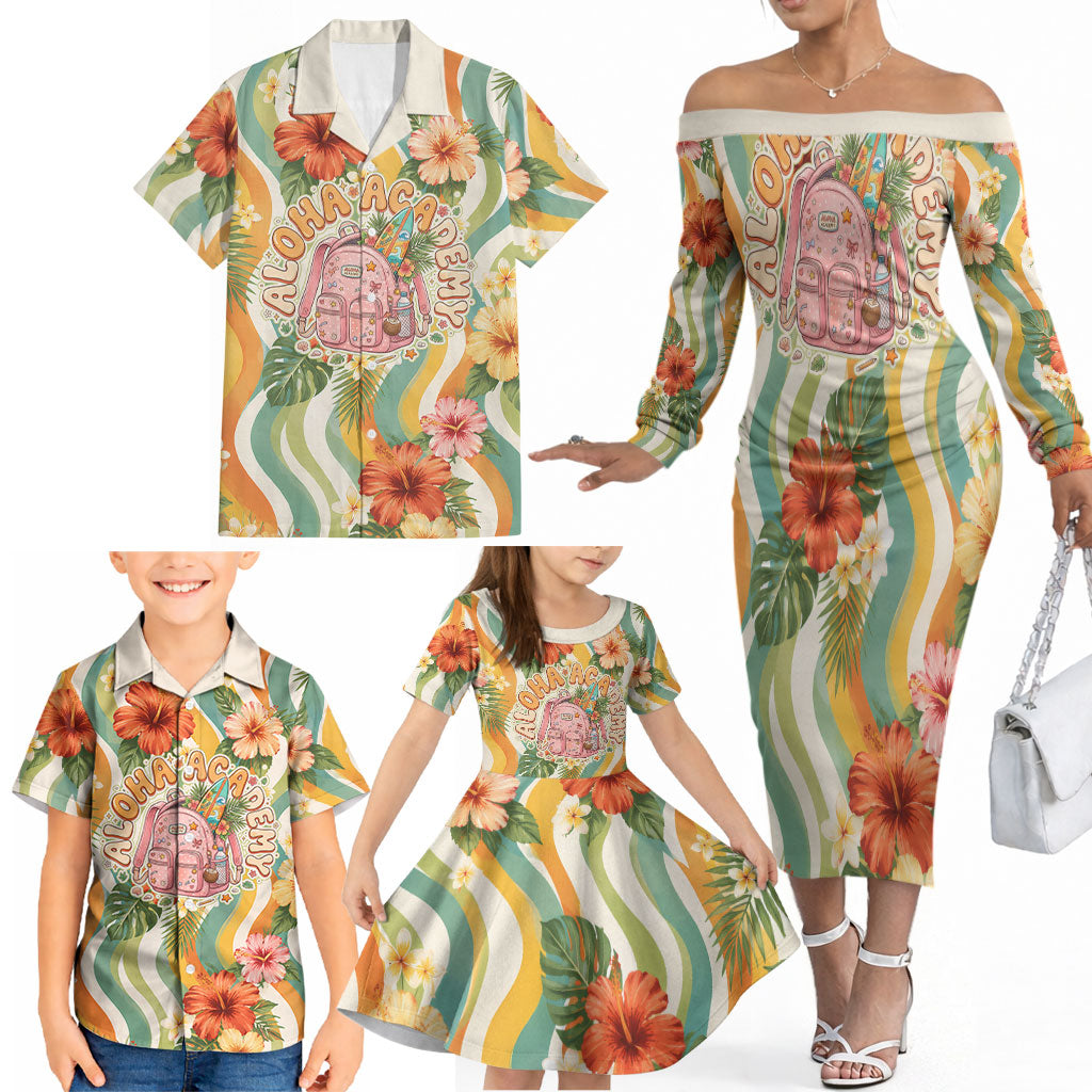 Hawaii Aloha Academy Back To School Family Matching Off The Shoulder Long Sleeve Dress and Hawaiian Shirt Sea Turtle Tropical Hibiscus Flowers Retro Psychedelic