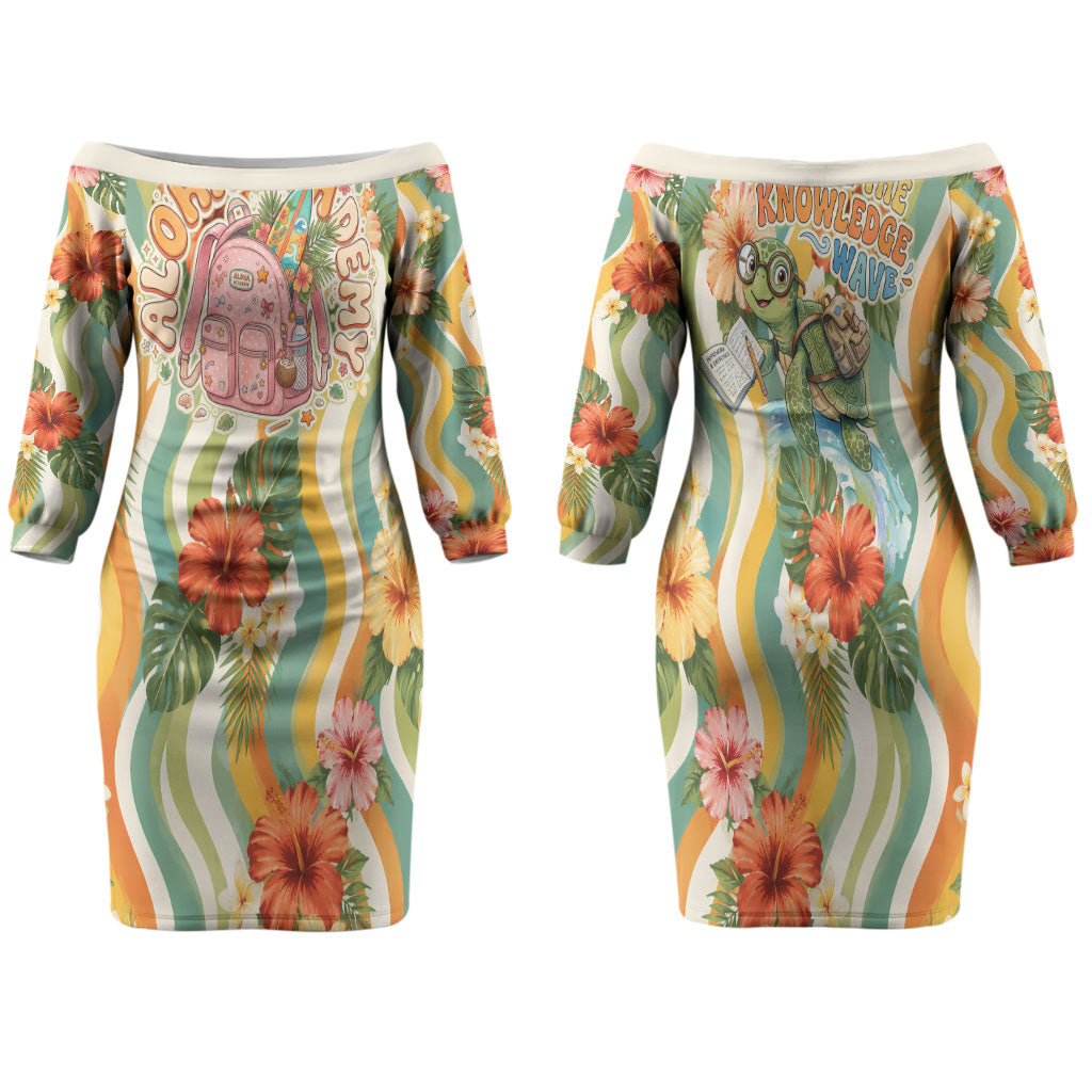 Hawaii Aloha Academy Back To School Family Matching Off The Shoulder Long Sleeve Dress and Hawaiian Shirt Sea Turtle Tropical Hibiscus Flowers Retro Psychedelic