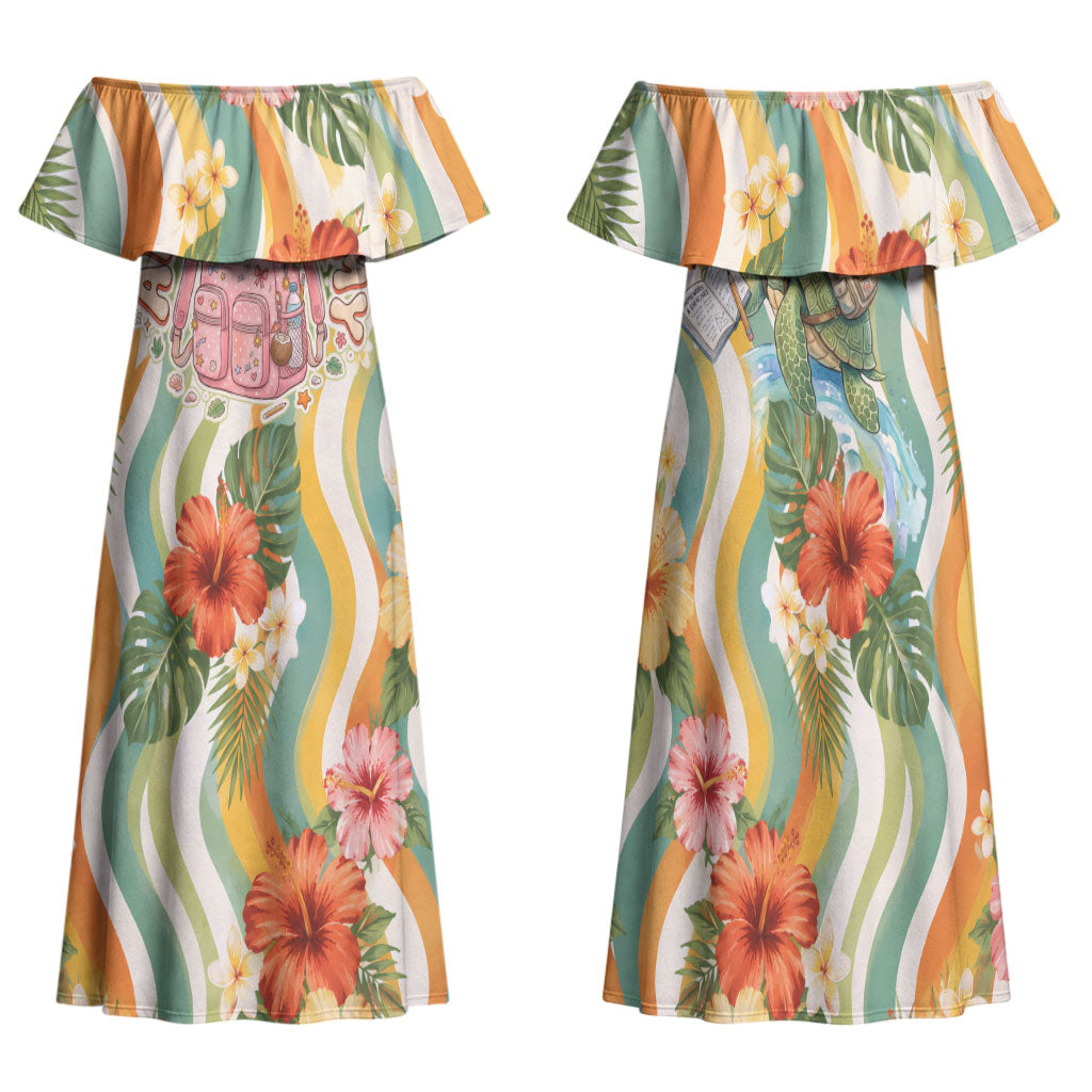 Hawaii Aloha Academy Back To School Family Matching Off Shoulder Maxi Dress and Hawaiian Shirt Sea Turtle Tropical Hibiscus Flowers Retro Psychedelic