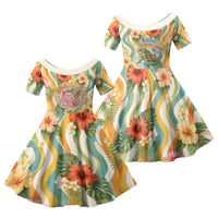 Hawaii Aloha Academy Back To School Family Matching Off Shoulder Maxi Dress and Hawaiian Shirt Sea Turtle Tropical Hibiscus Flowers Retro Psychedelic