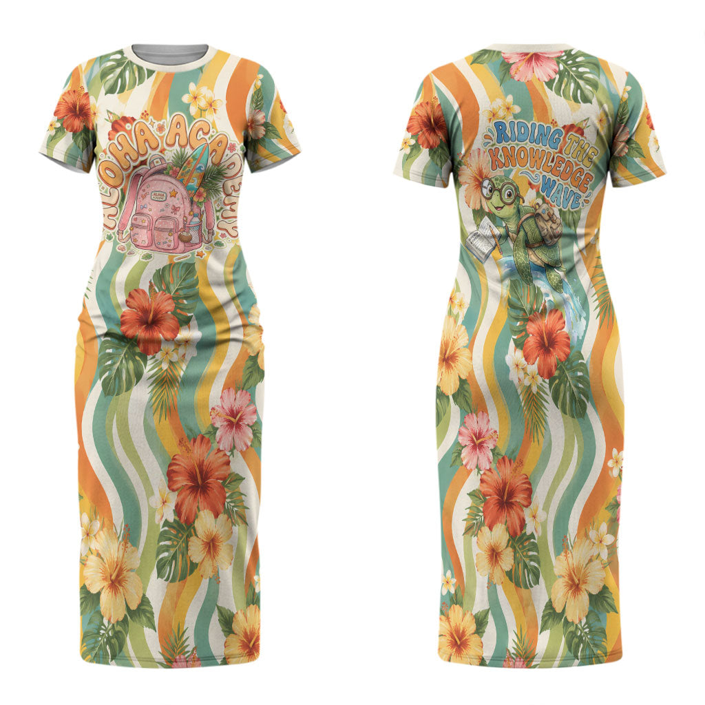 Hawaii Aloha Academy Back To School Family Matching Short Sleeve Bodycon Dress and Hawaiian Shirt Sea Turtle Tropical Hibiscus Flowers Retro Psychedelic