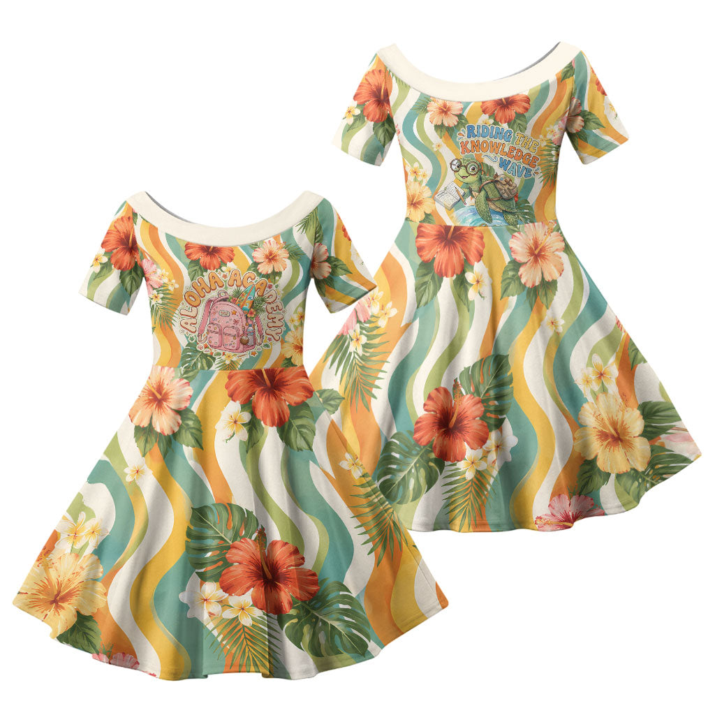 Hawaii Aloha Academy Back To School Family Matching Summer Maxi Dress and Hawaiian Shirt Sea Turtle Tropical Hibiscus Flowers Retro Psychedelic