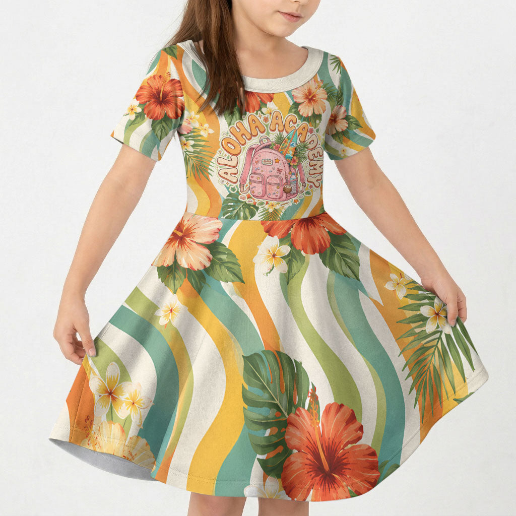 Hawaii Aloha Academy Back To School Kid Short Sleeve Dress Sea Turtle Tropical Hibiscus Flowers Retro Psychedelic