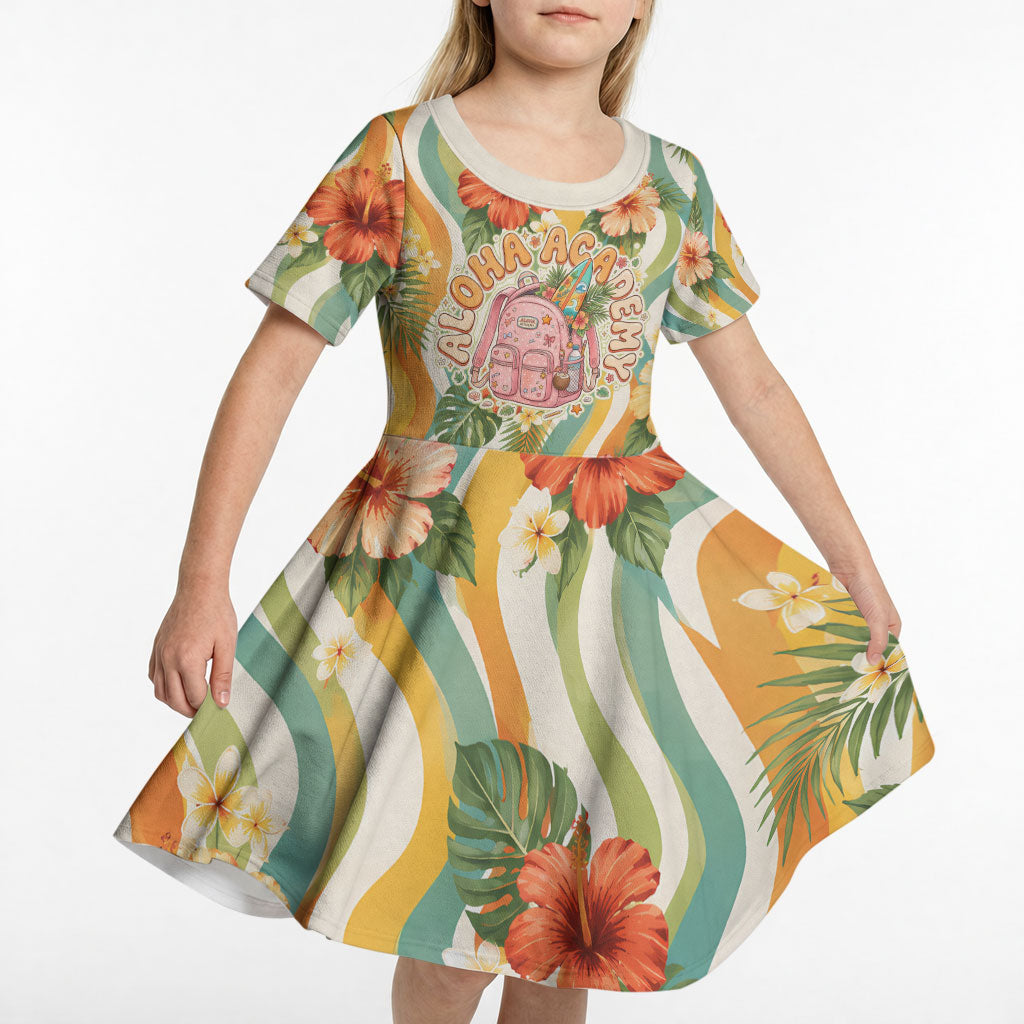 Hawaii Aloha Academy Back To School Kid Short Sleeve Dress Sea Turtle Tropical Hibiscus Flowers Retro Psychedelic