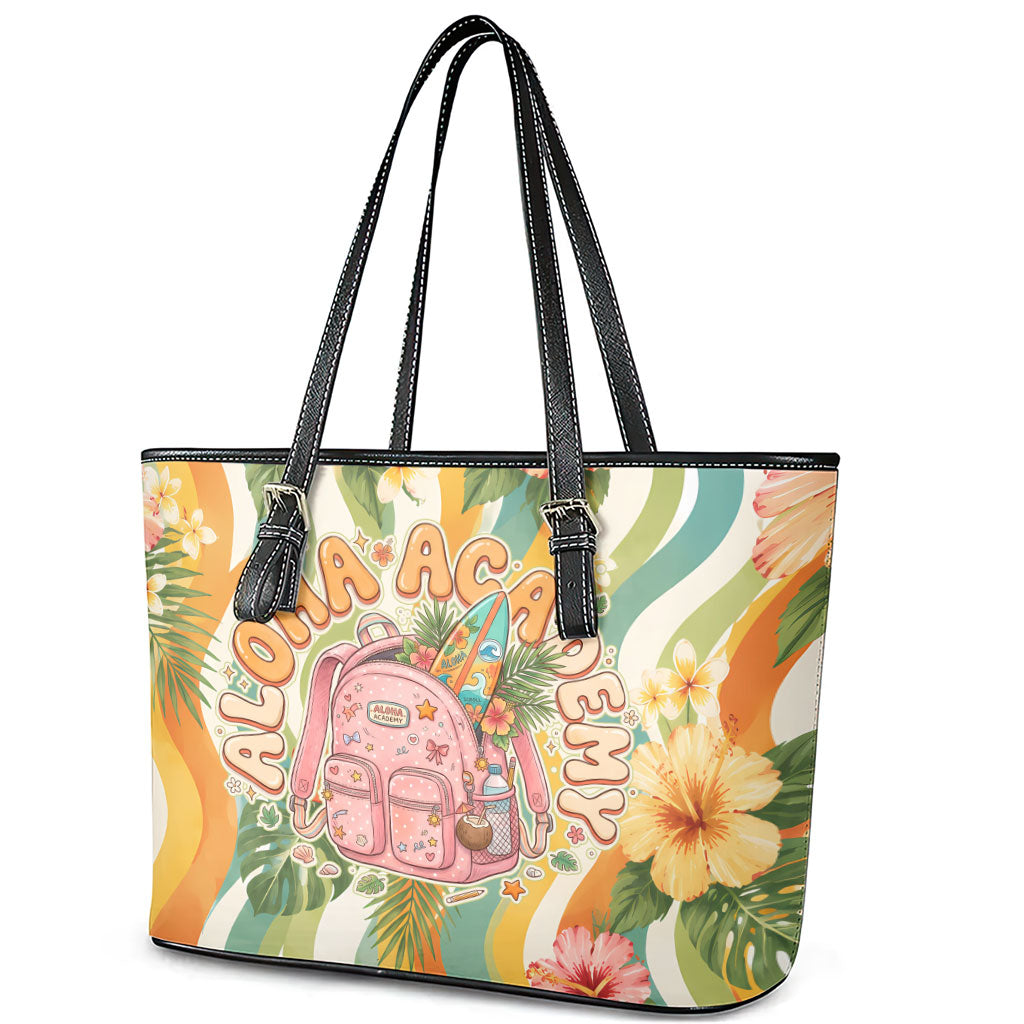 Hawaii Aloha Academy Back To School Leather Tote Bag Sea Turtle Tropical Hibiscus Flowers Retro Psychedelic