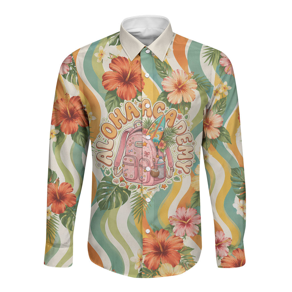 Hawaii Aloha Academy Back To School Long Sleeve Button Shirt Sea Turtle Tropical Hibiscus Flowers Retro Psychedelic TS04 Unisex Orange Green - Polynesian Pride