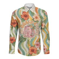 Hawaii Aloha Academy Back To School Long Sleeve Button Shirt Sea Turtle Tropical Hibiscus Flowers Retro Psychedelic