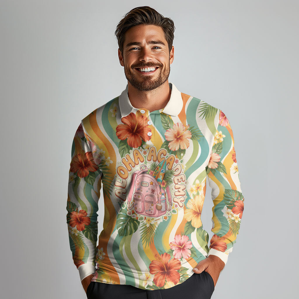 Hawaii Aloha Academy Back To School Long Sleeve Polo Shirt Sea Turtle Tropical Hibiscus Flowers Retro Psychedelic