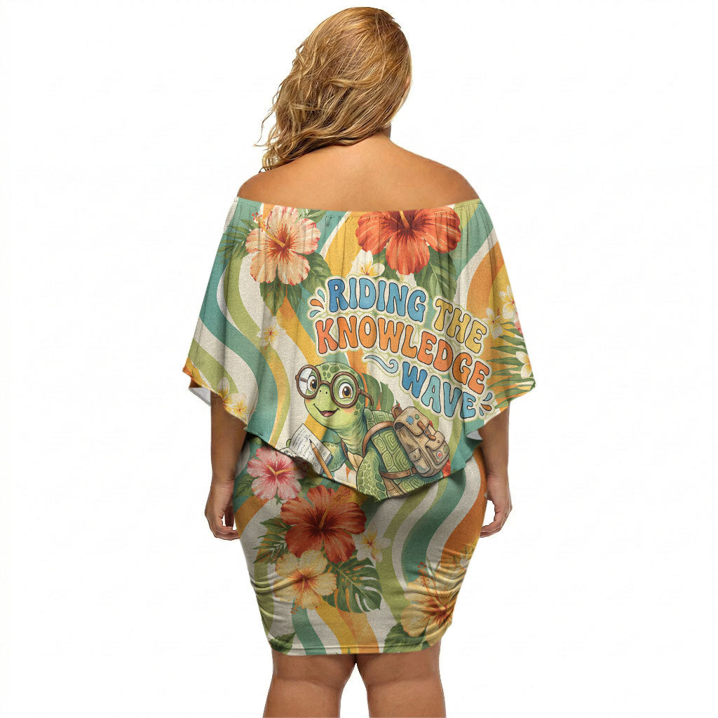 Hawaii Aloha Academy Back To School Off Shoulder Short Dress Sea Turtle Tropical Hibiscus Flowers Retro Psychedelic
