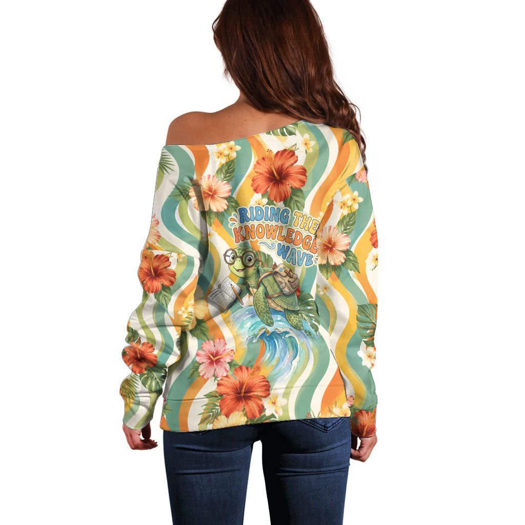 Hawaii Aloha Academy Back To School Off Shoulder Sweater Sea Turtle Tropical Hibiscus Flowers Retro Psychedelic