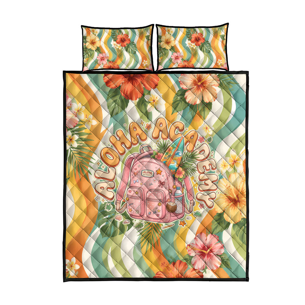 Hawaii Aloha Academy Back To School Quilt Bed Set Sea Turtle Tropical Hibiscus Flowers Retro Psychedelic
