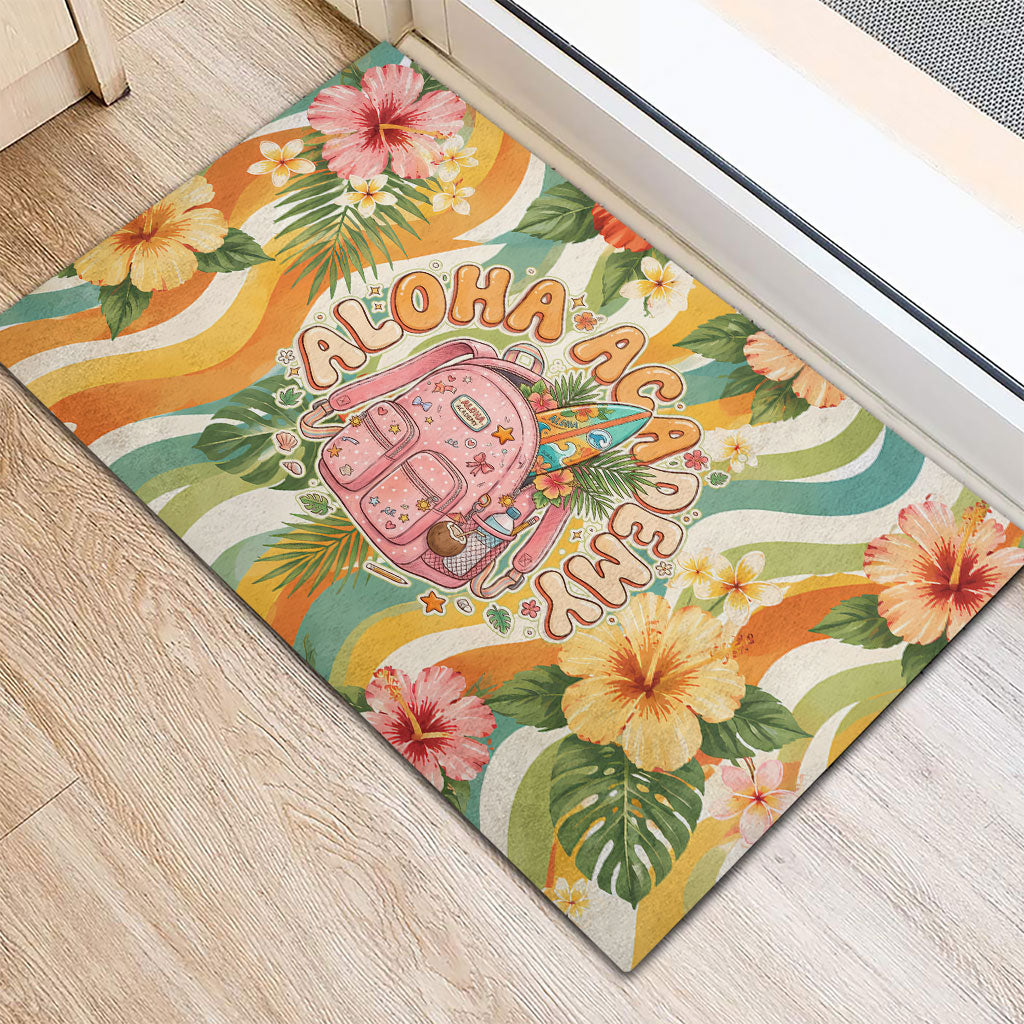 Hawaii Aloha Academy Back To School Rubber Doormat Sea Turtle Tropical Hibiscus Flowers Retro Psychedelic