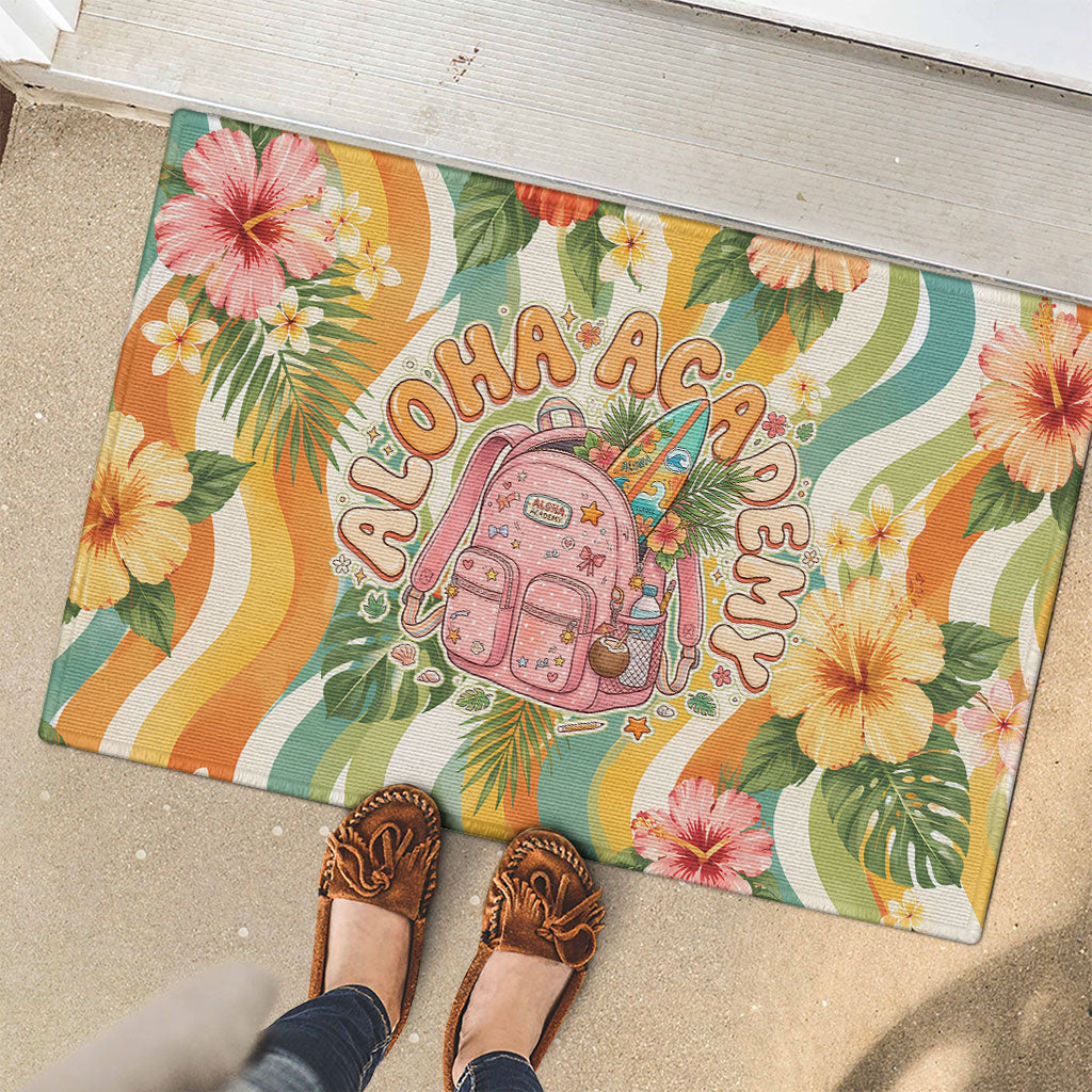 Hawaii Aloha Academy Back To School Rubber Doormat Sea Turtle Tropical Hibiscus Flowers Retro Psychedelic