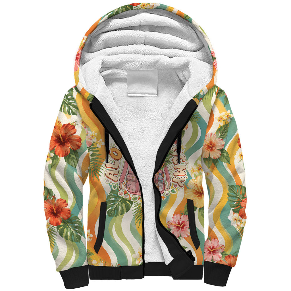 Hawaii Aloha Academy Back To School Sherpa Hoodie Sea Turtle Tropical Hibiscus Flowers Retro Psychedelic