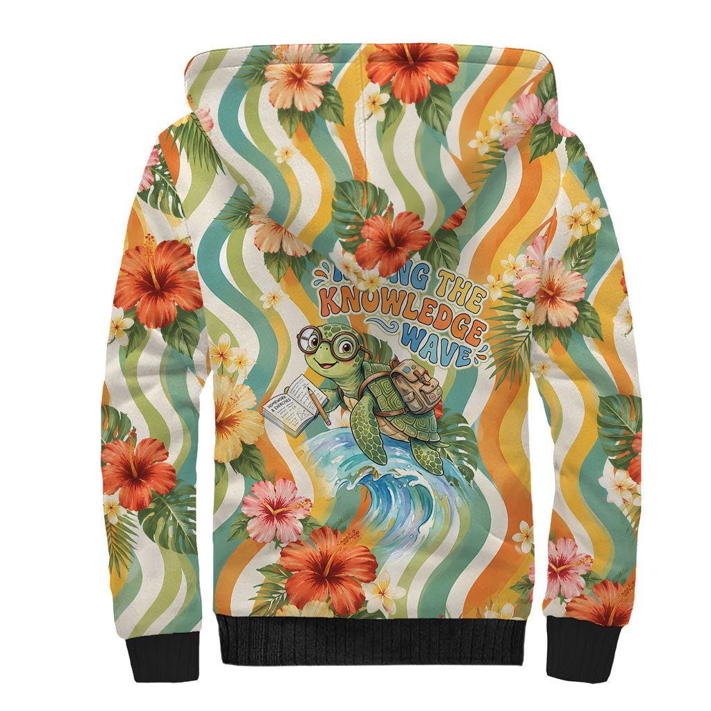 Hawaii Aloha Academy Back To School Sherpa Hoodie Sea Turtle Tropical Hibiscus Flowers Retro Psychedelic