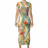 Hawaii Aloha Academy Back To School Short Sleeve Bodycon Dress Sea Turtle Tropical Hibiscus Flowers Retro Psychedelic