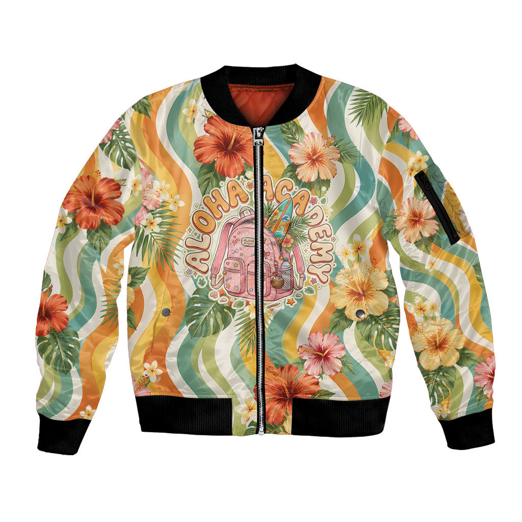 Hawaii Aloha Academy Back To School Sleeve Zip Bomber Jacket Sea Turtle Tropical Hibiscus Flowers Retro Psychedelic