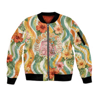 Hawaii Aloha Academy Back To School Sleeve Zip Bomber Jacket Sea Turtle Tropical Hibiscus Flowers Retro Psychedelic