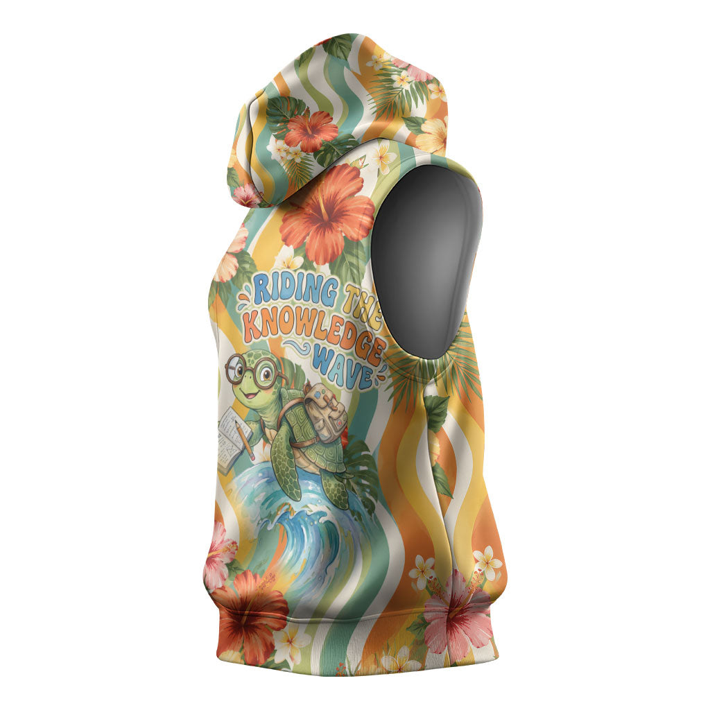 Hawaii Aloha Academy Back To School Sleeveless Hoodie Sea Turtle Tropical Hibiscus Flowers Retro Psychedelic