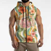 Hawaii Aloha Academy Back To School Sleeveless Zip Hoodie Sea Turtle Tropical Hibiscus Flowers Retro Psychedelic