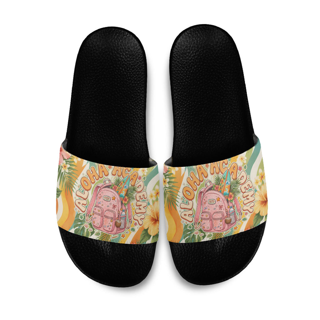 Hawaii Aloha Academy Back To School Slide Sandals Sea Turtle Tropical Hibiscus Flowers Retro Psychedelic