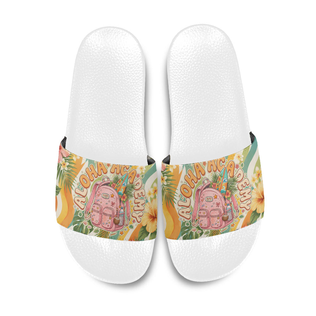 Hawaii Aloha Academy Back To School Slide Sandals Sea Turtle Tropical Hibiscus Flowers Retro Psychedelic