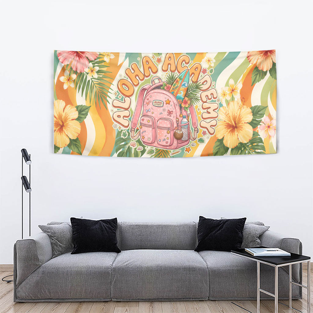 Hawaii Aloha Academy Back To School Tapestry Sea Turtle Tropical Hibiscus Flowers Retro Psychedelic