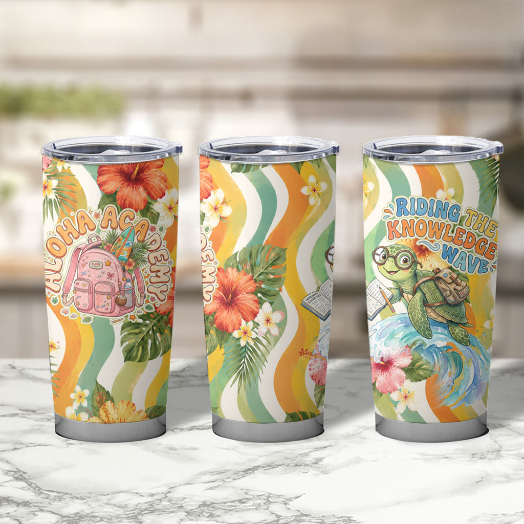 Hawaii Aloha Academy Back To School Tumbler Cup Sea Turtle Tropical Hibiscus Flowers Retro Psychedelic