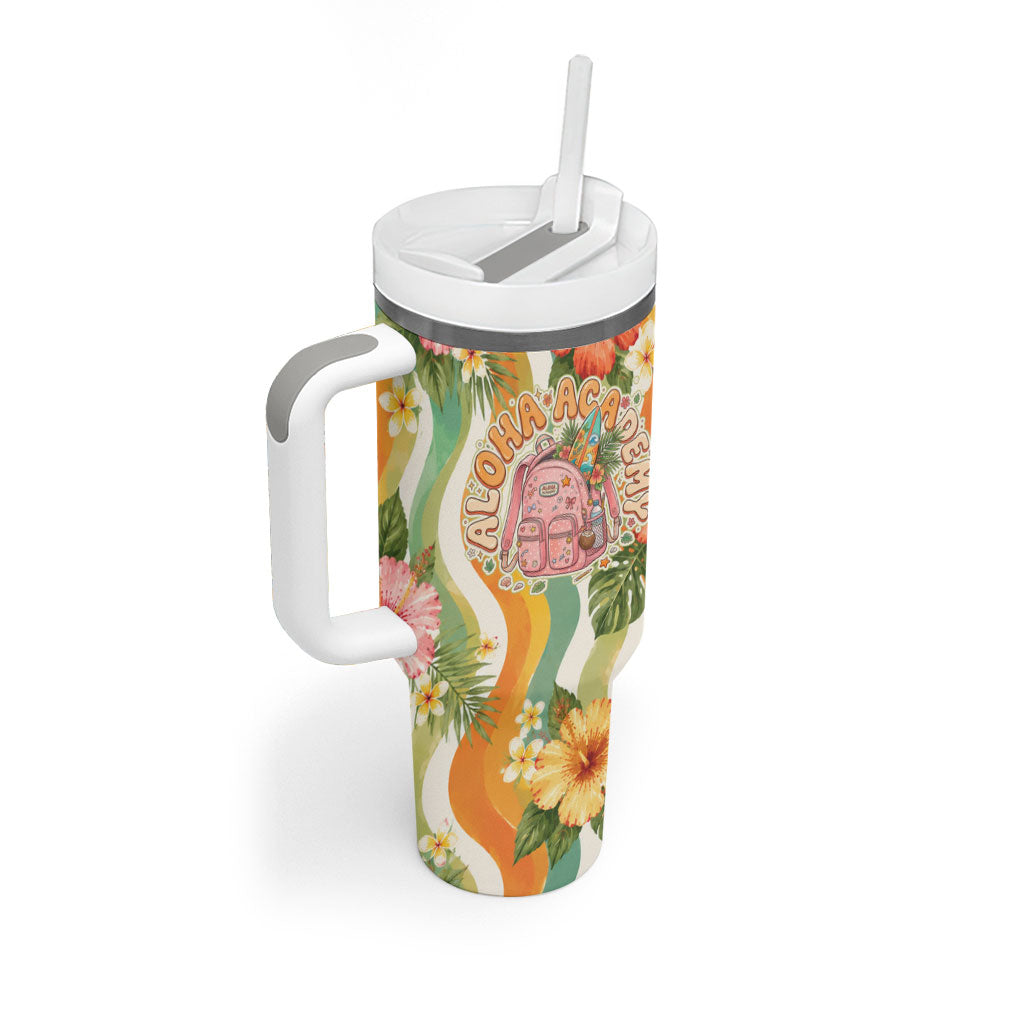 Hawaii Aloha Academy Back To School Tumbler With Handle Sea Turtle Tropical Hibiscus Flowers Retro Psychedelic