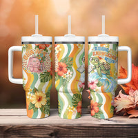 Hawaii Aloha Academy Back To School Tumbler With Handle Sea Turtle Tropical Hibiscus Flowers Retro Psychedelic