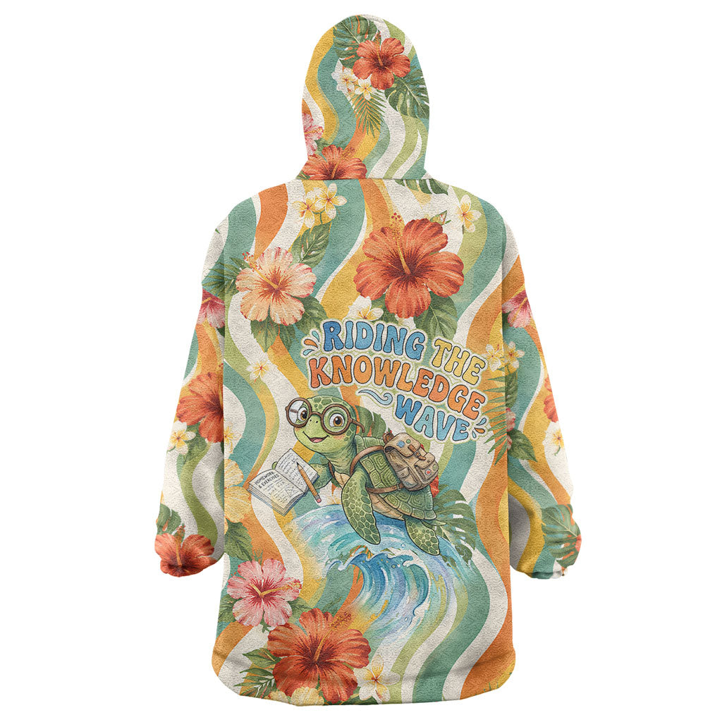 Hawaii Aloha Academy Back To School Wearable Blanket Hoodie Sea Turtle Tropical Hibiscus Flowers Retro Psychedelic