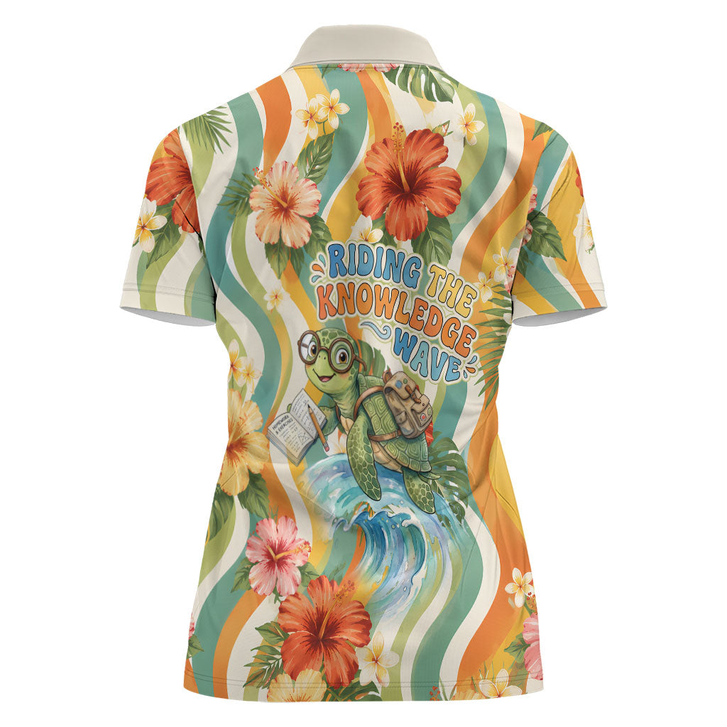 Hawaii Aloha Academy Back To School Women Polo Shirt Sea Turtle Tropical Hibiscus Flowers Retro Psychedelic