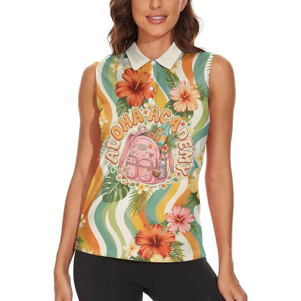 Hawaii Aloha Academy Back To School Women Sleeveless Polo Shirt Sea Turtle Tropical Hibiscus Flowers Retro Psychedelic