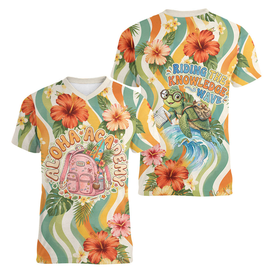 Hawaii Aloha Academy Back To School Women V-Neck T-Shirt Sea Turtle Tropical Hibiscus Flowers Retro Psychedelic