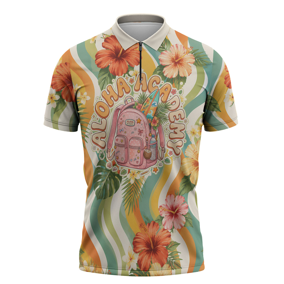 Hawaii Aloha Academy Back To School Zipper Polo Shirt Sea Turtle Tropical Hibiscus Flowers Retro Psychedelic