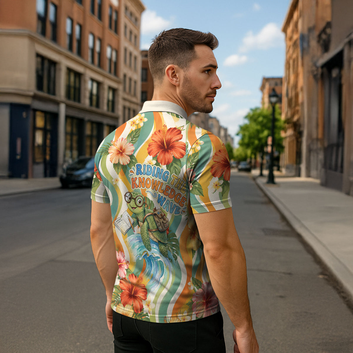 Hawaii Aloha Academy Back To School Zipper Polo Shirt Sea Turtle Tropical Hibiscus Flowers Retro Psychedelic