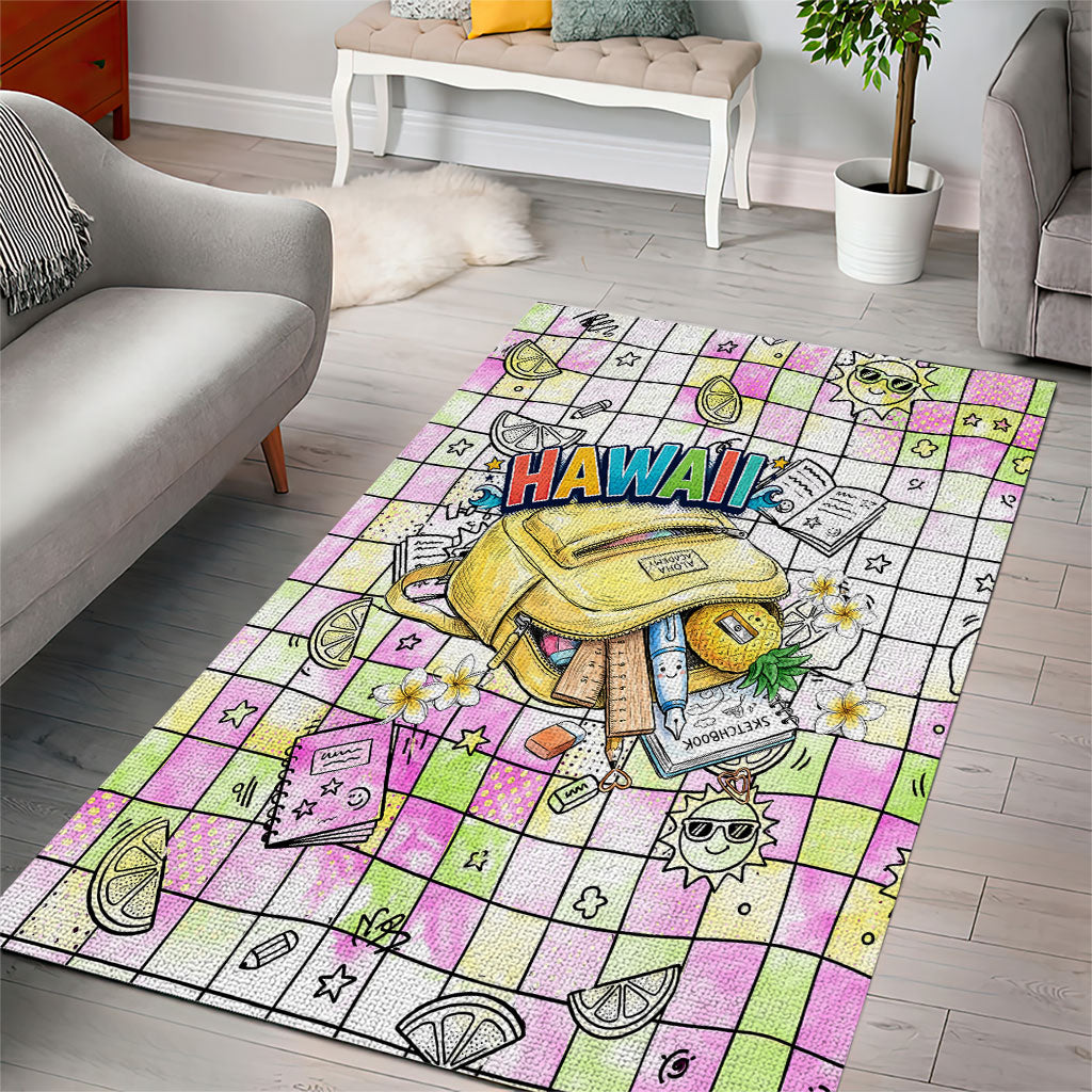 Hawaii Cruising Back To School Area Rug Grid Pattern With School Bag And Vintage Surf Van