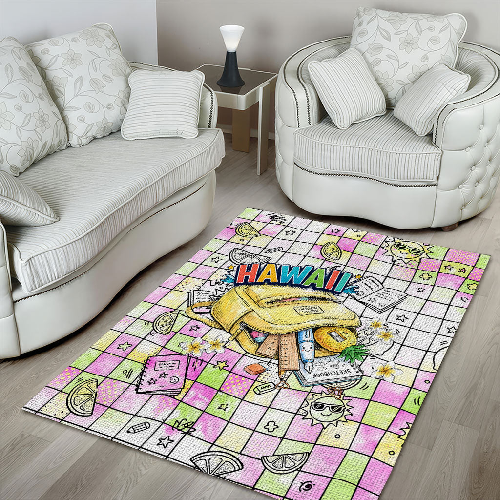 Hawaii Cruising Back To School Area Rug Grid Pattern With School Bag And Vintage Surf Van