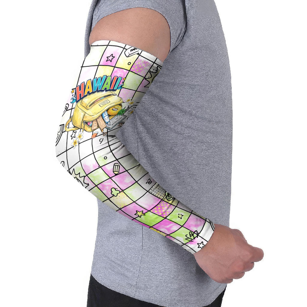 Hawaii Cruising Back To School Arm Sleeves Grid Pattern With School Bag And Vintage Surf Van