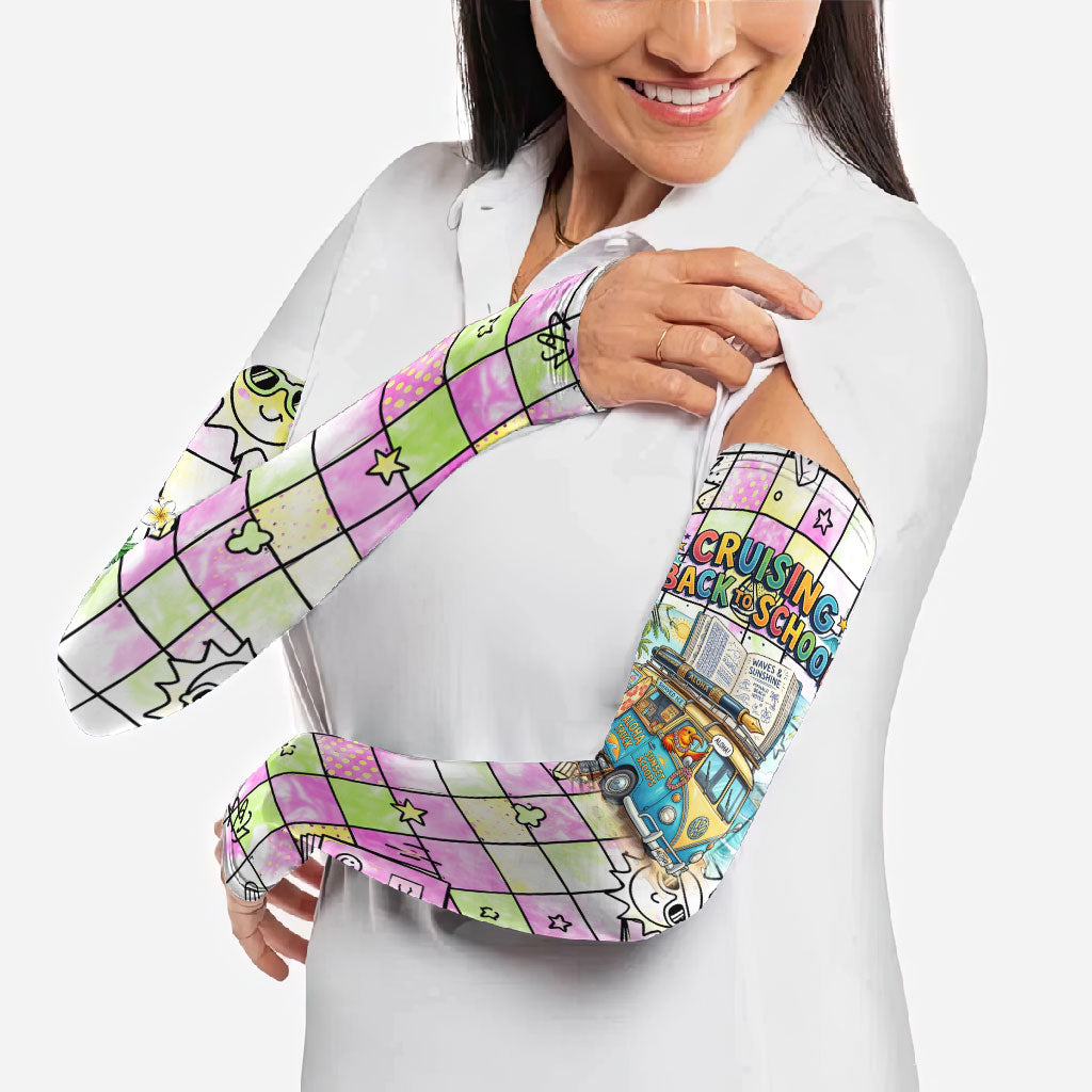 Hawaii Cruising Back To School Arm Sleeves Grid Pattern With School Bag And Vintage Surf Van