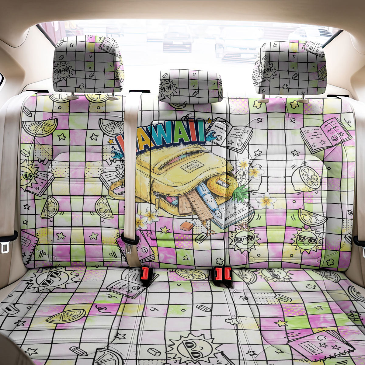 Hawaii Cruising Back To School Back Car Seat Cover Grid Pattern With School Bag And Vintage Surf Van